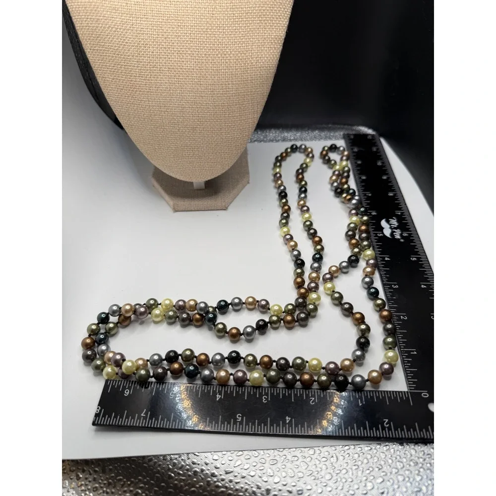 Long Multi Color Faux‎ Pearl Hand Knotted Necklace Bronze Green Silver 48 Inch